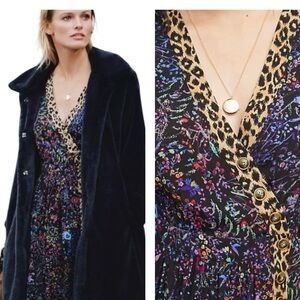 Anthropologie Black Floral Midi Dress with Leopard Trim